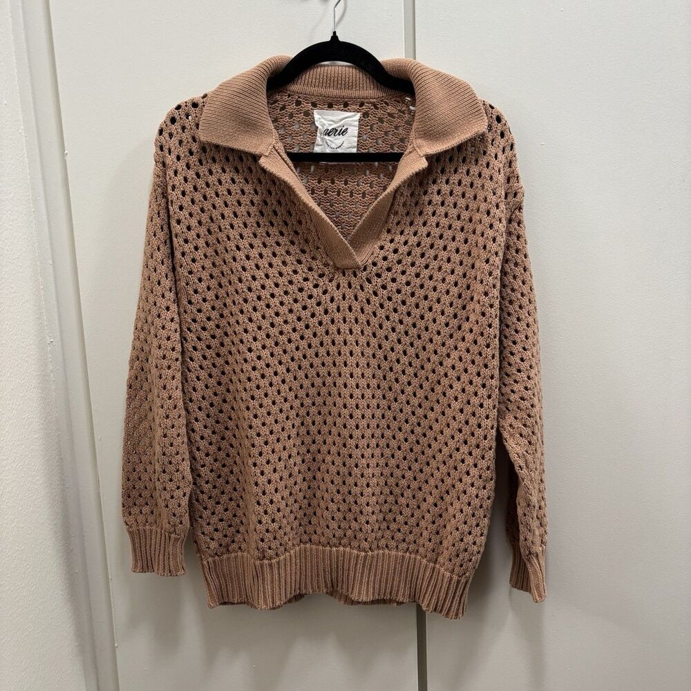 Aerie Sz Small Brown Camel Open Knit Polo Collared Sweater V-Neck 100% Cotton